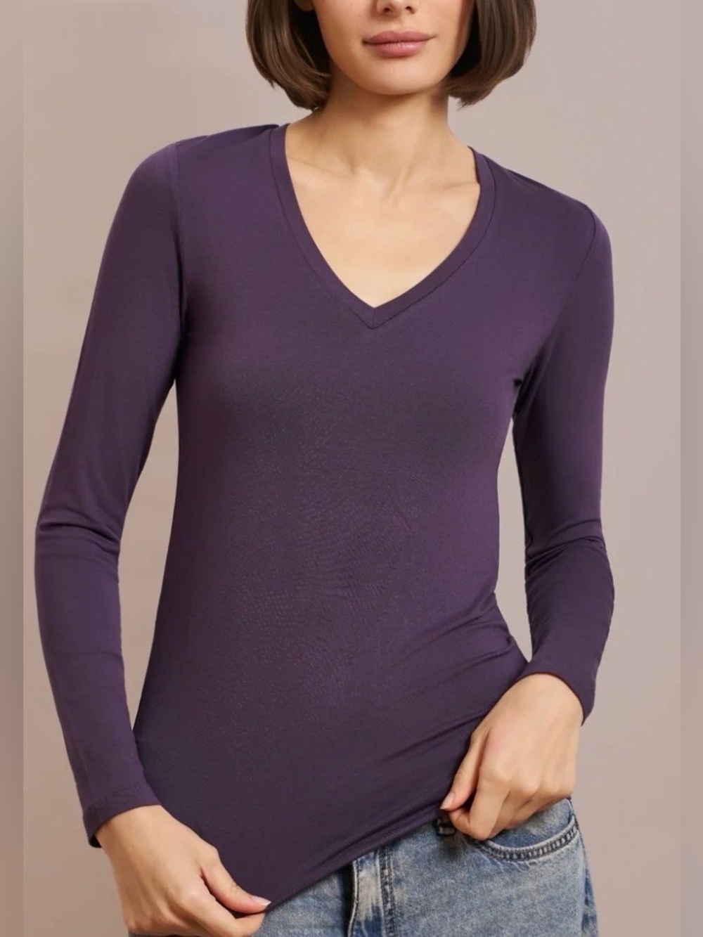 Vince Long Sleeve V-Neck Top with Rounded Raw Hem
